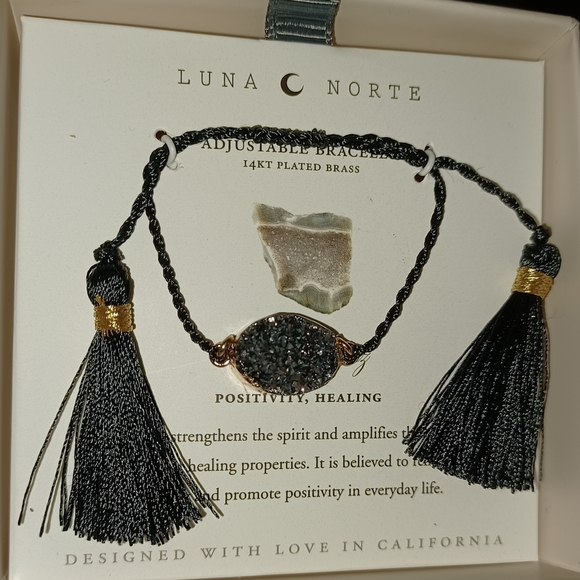 LUNA NORTE BLACK DRUSY QUARTZ GEMSTONE TASSELS ADJUSTABLE STRING BRACELET  NIB - Picture 6 of 11